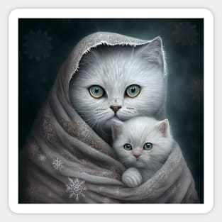 White British Shorthair Mother Cat And Her Kitten Sticker